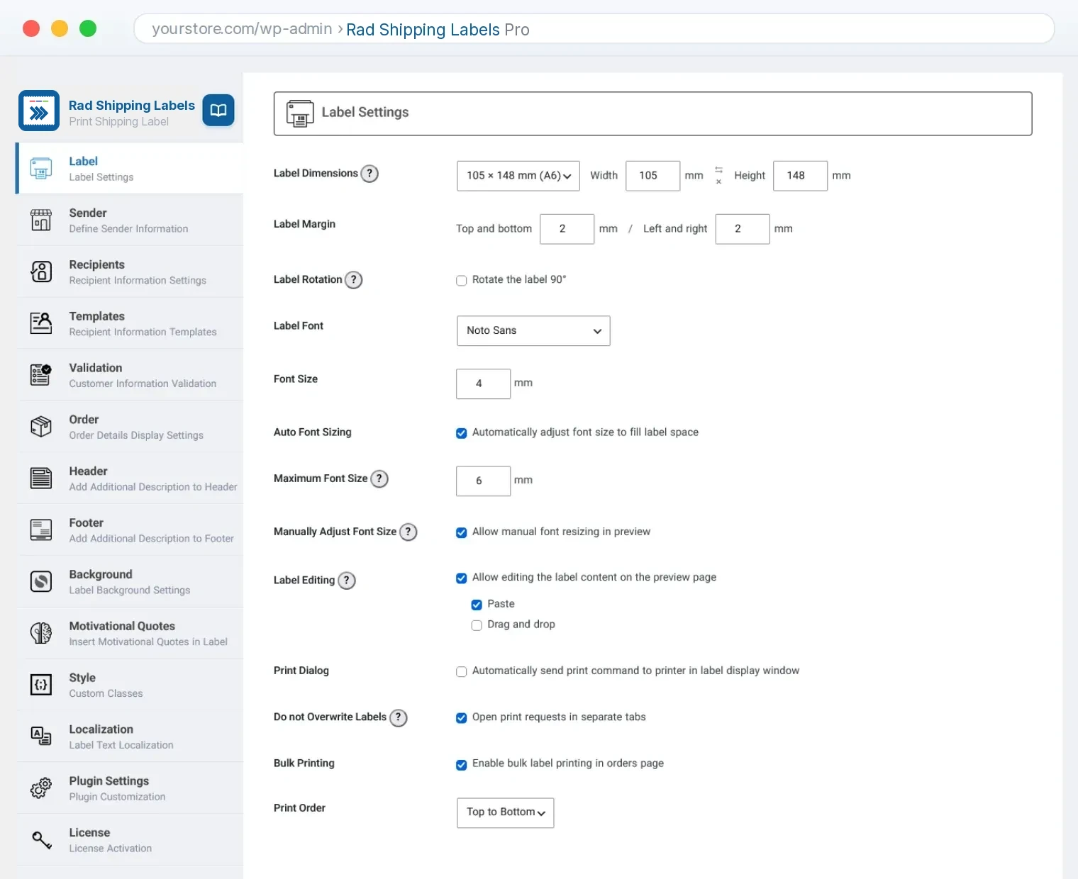 Rad Shipping Labels Pro settings page in the WordPress admin