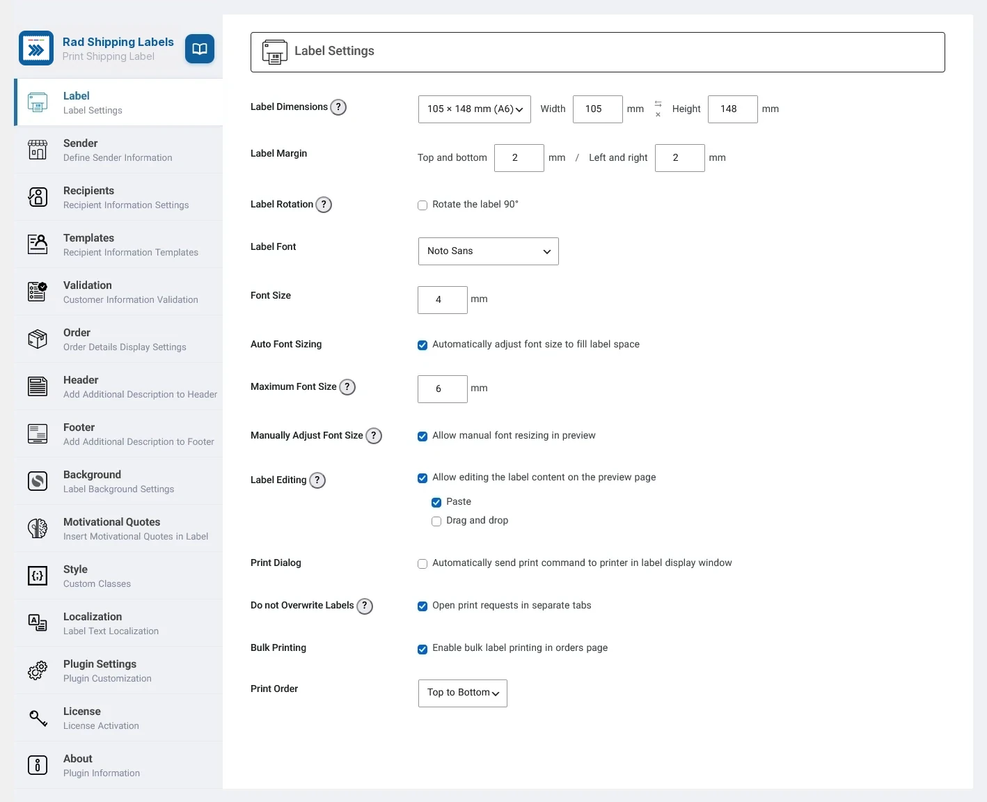 Rad Shipping Labels Pro settings page in the live demo